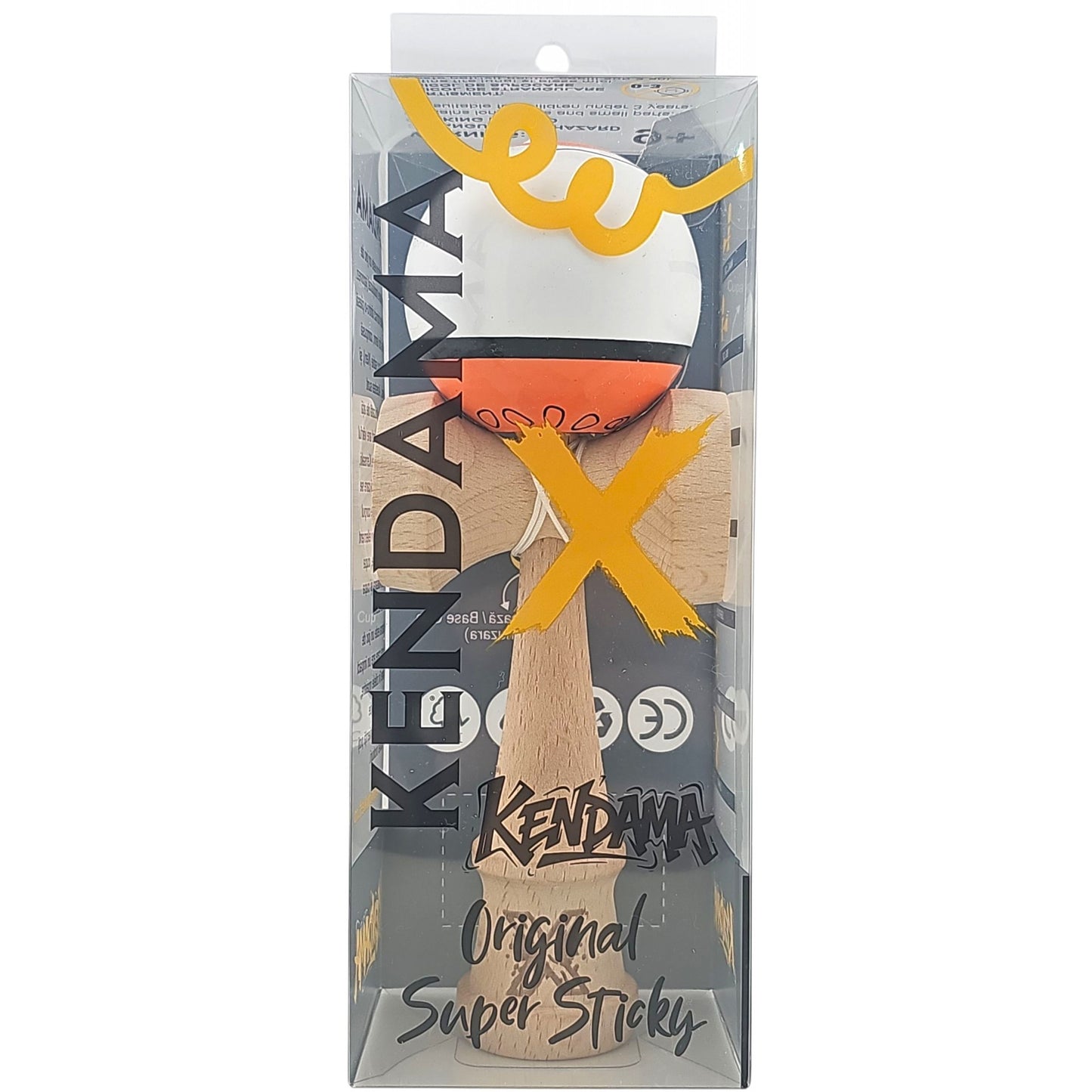 Kendama X Originala, Profesionala, Selexmo, din Lemn, Super Sticky, 18 cm, Alb/Portocaliu