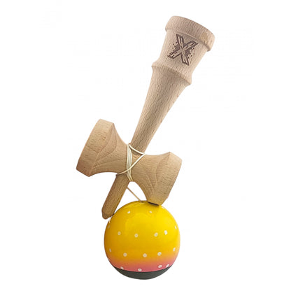 Kendama X Originala, Profesionala, Selexmo, din Lemn, Super Sticky, 18 cm, Galben/Roz/Negru