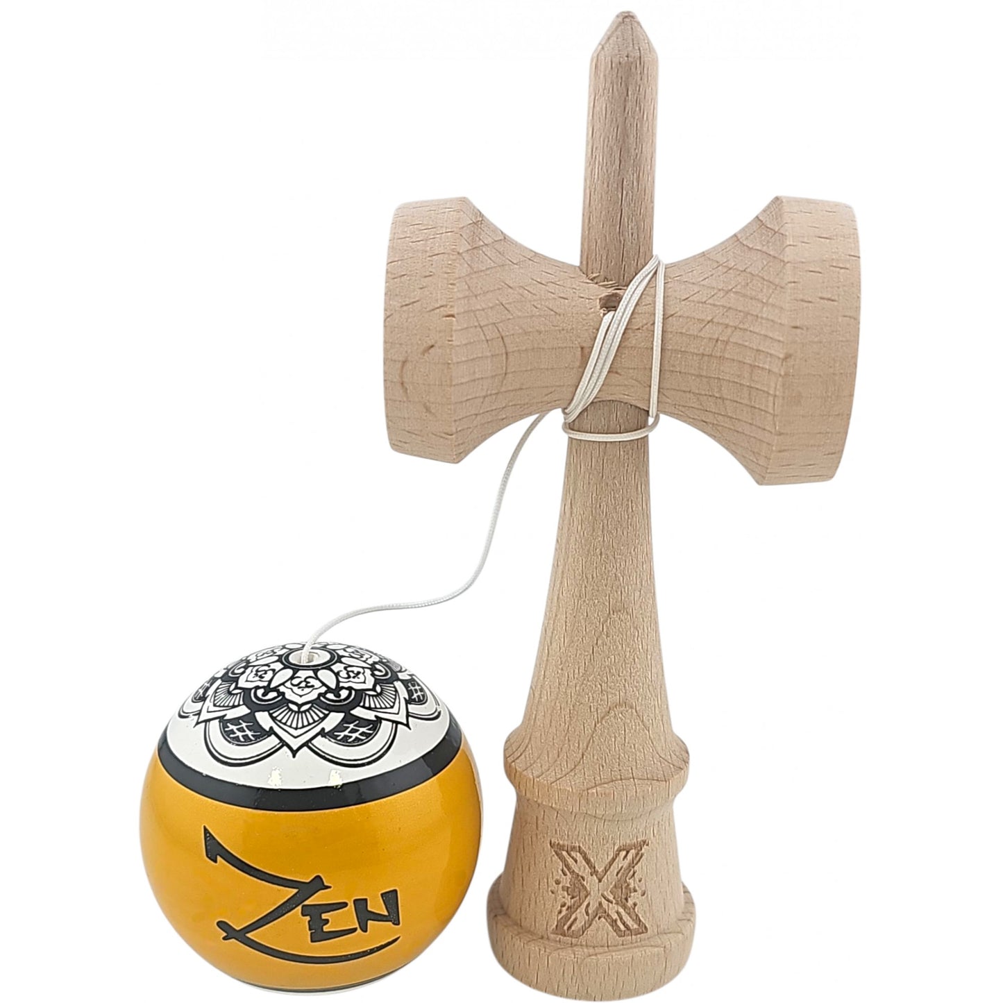 Kendama X Originala, Profesionala, Zen, Selexmo, din Lemn, Super Sticky, 18 cm, Auriu/Alb/Negu