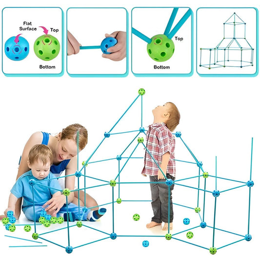 Kit de Constructie Fort 3D pentru Copii, 560 g, 36 Sfere, 51 Tije, Panza Verde Impermeabil