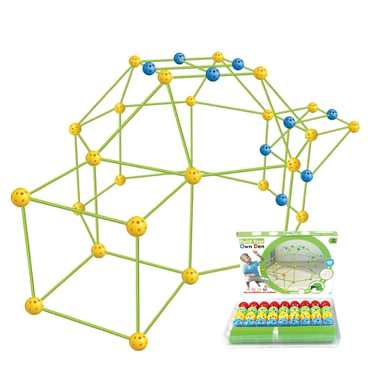 Kit de Constructie Fort 3D pentru Copii, 560 g, 36 Sfere, 51 Tije, Panza Verde Impermeabil