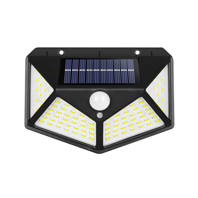 Lampa cu incarcare solara pentru exterior, 100 LED cu distanta de inductie, montaj pe perete, fara cabluri, cu 4 fete, Selexmo