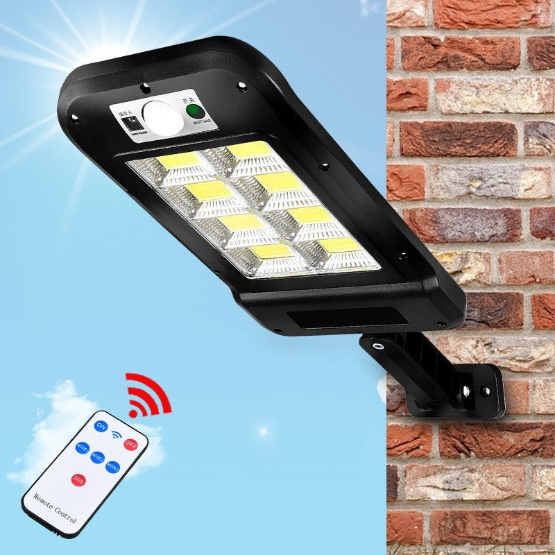 Lampa Solara De Exterior LED Selexmo, 36 cm x 11.5 cm, 3072 Lumeni 128 COB LED 25.6 W - echivalent 205 W bec incadescent, IP65, Senzor de Miscare, Senzor de Lumina, 4 Grile, Alb Rece