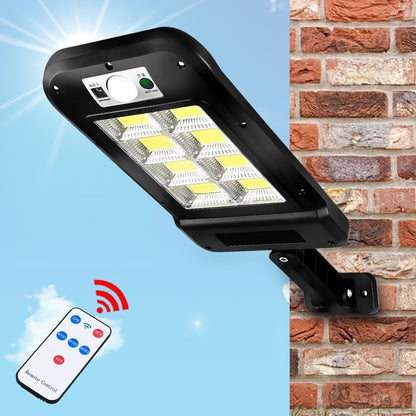 Lampa Solara De Exterior LED Selexmo, 36 cm x 11.5 cm, 3072 Lumeni 128 COB LED 25.6 W - echivalent 205 W bec incadescent, IP65, Senzor de Miscare, Senzor de Lumina, 4 Grile, Alb Rece