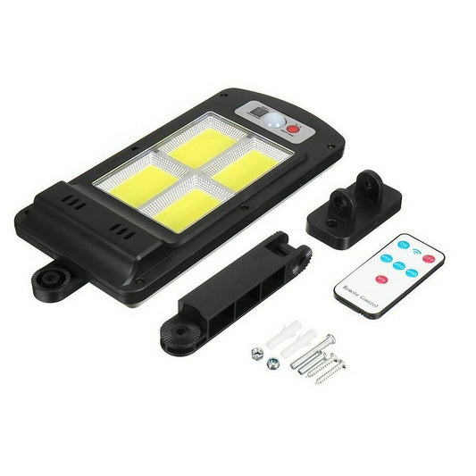 Lampa Solara De Exterior LED Selexmo, 36 cm x 11.5 cm, 3072 Lumeni 128 COB LED 25.6 W - echivalent 205 W bec incadescent, IP65, Senzor de Miscare, Senzor de Lumina, 4 Grile, Alb Rece