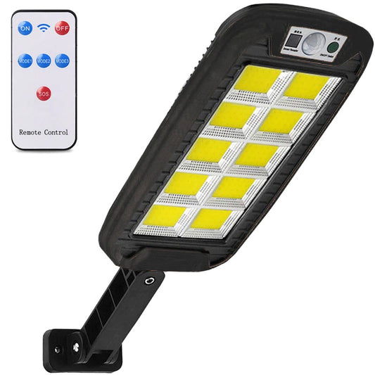 Lampa Solara De Exterior LED Selexmo, 36 cm x 11.5 cm, kit montare inclus, 2880 Lumeni 120 COB LED 24 W - echivalent 192 W bec incadescent, IP65, Senzor de Miscare, 3 moduri de iluminare, Senzor de Lumina, 10 Grile, Alb Rece