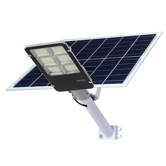 Lampa solara stradala Selexmo, IP65, senzor de lumina, 100 LED-uri SMD, 7200 lm, panou 12W, putere 80W, autonomie 12-16 ore, telecomanda, montare prin fixare, pentru strada sau gradina, finisaj lucios, material ABS, 38.6 x 13.3 x 6.5 cm, lumina alb rece