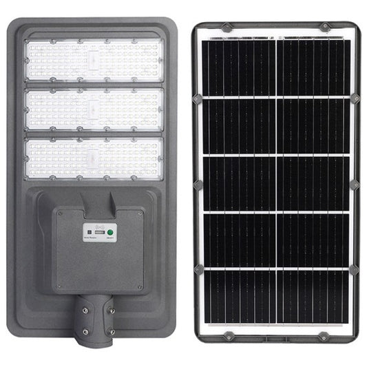 Lampa solara stradala Selexmo, IP65, senzor de lumina, 510 LED-uri SMD, 5000 lm, panou 53W, putere 500W, autonomie 12-16 ore, telecomanda, montare prin fixare, pentru strada sau gradina, finisaj mat, material ABS, 91.6 x 36.5 x 8.7 cm, gri