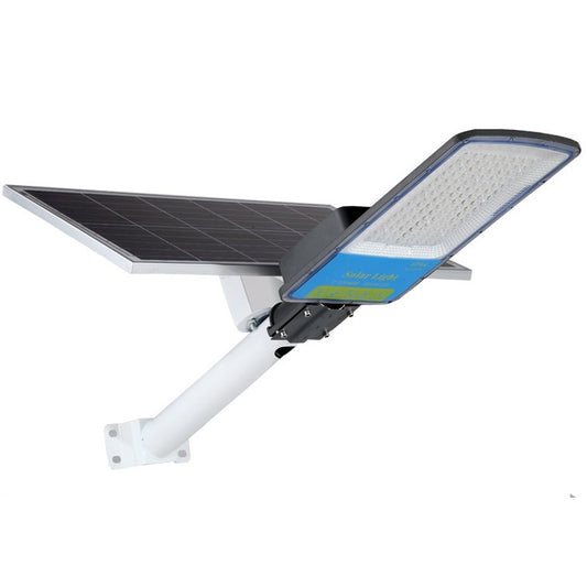 Lampa solara stradala Selexmo, IP66, senzor de lumina, 120 LED-uri SMD, 1800 lm, panou 20W, putere 100W, autonomie 12-16 ore, telecomanda, montare prin fixare, pentru strada sau gradina, finisaj mat, material ABS, 49 x 21 x 5.5 cm, gri