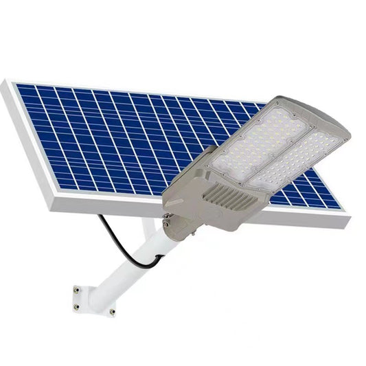 Lampa solara stradala Selexmo, pentru curte sau strada, cu doua grile, finisaj mat, rezistent la apa, montare prin fixare, senzor lumina, baterie de litiu, IP65, lumina rece, putere 300W, autonomie 10 ore, 51.5 x 21 cm, gri