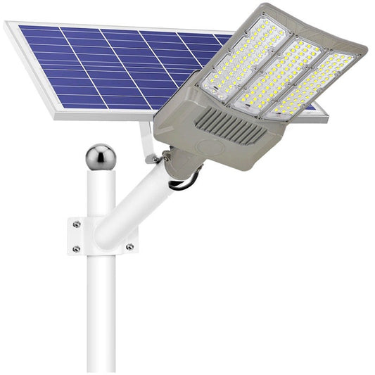 Lampa solara stradala Selexmo, pentru curte sau strada, cu trei grile, finisaj mat, rezistent la apa, montare prin fixare, senzor lumina, baterie de litiu, IP65, lumina rece, putere 1000W, autonomie 10 ore, 55 x 23 x 9 cm, gri