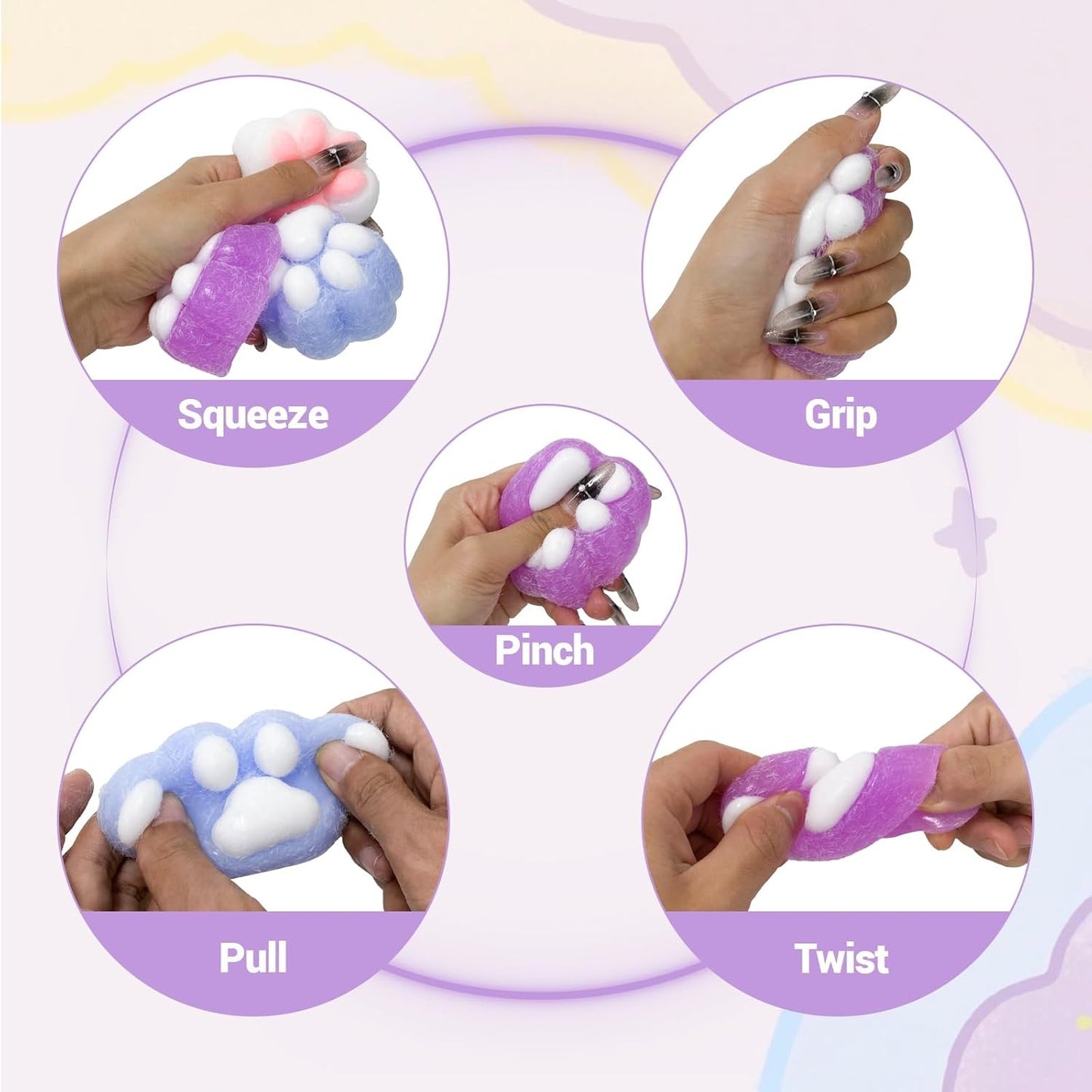Jucarie Antistres Squishy, selexmo, cu Revenire Lenta, Squeeze Pinch Family, Model Labuta de Pisica Pufoasa, 6x6 cm, 72g, Ambalaj Transparent, Mov-Alb