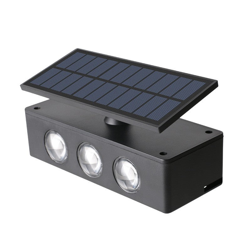 Lampa solara LED bidirectionala Selexmo, cu panou ajustabil, comutator culoare lumina, pentru perete, scari, gradina, terasa, 16 x 6.5 cm, 6 LED-uri, material ABS, baterie 3.7 V, 1200mah, multicolor