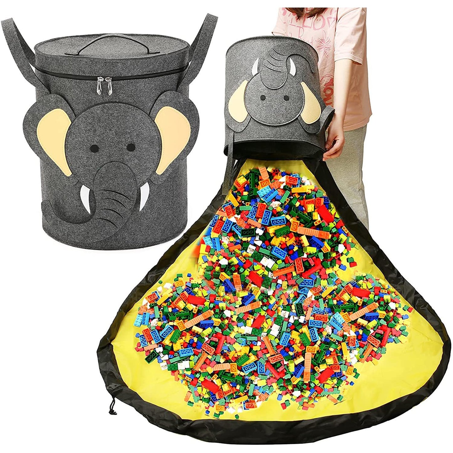 Cutie de Depozitare 2In1, selexmo, Impermeabila, Covor pentru Jucarii si Lego 150cm, Capacitate Mare, cu Manere, cu Sfori, Inaltime 40cm, Model Elefan, Gri