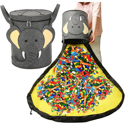 Cutie de Depozitare 2In1, selexmo, Impermeabila, Covor pentru Jucarii si Lego 150cm, Capacitate Mare, cu Manere, cu Sfori, Inaltime 40cm, Model Elefan, Gri