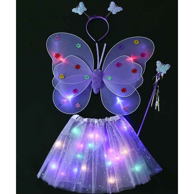 Costum Fluturaș cu Aripi Modelabile Luminoase pentru Copii, Fustă din Tul cu Lumini, Baghetă și Bentiță, 4 Piese – Ideal pentru Halloween, Cosplay, Crăciun, Carnaval, Paște sau Ziua Copilului