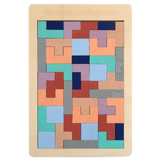 Puzzle Montessori, Selexmo, din Lemn, Tip Tetris, +36 Luni, Forme Neregulate, 40 Piese, 26.5 x 17.7 cm, Multicolor Pastelat