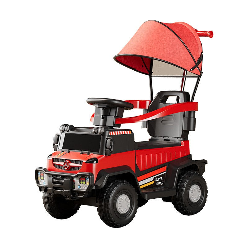 Masinuta Electrica,, pe 4 Roti, cu Telecomanda si Maner Detasabil, Cos de Depozitare, Lumini Led si Muzica, +1 an, Greutate Portanta 40 kg