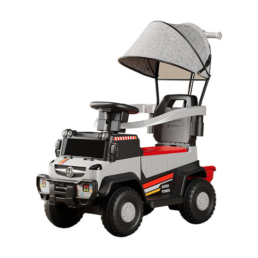 Masinuta Electrica,, pe 4 Roti, cu Telecomanda si Maner Detasabil, Cos de Depozitare, Lumini Led si Muzica, +1 an, Greutate Portanta 40 kg