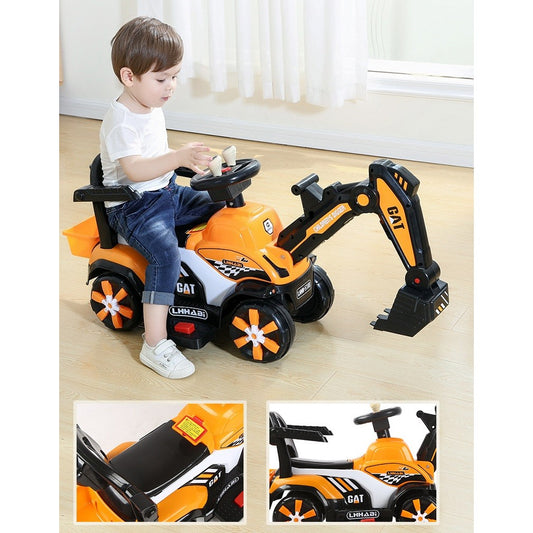 Mașinuță electrică tip excavator, braț electric cu manetă de control, spătar și bare laterale, sistem muzică și lumini, 2-7 ani, 72 x 34 x 45 cm, portocaliu