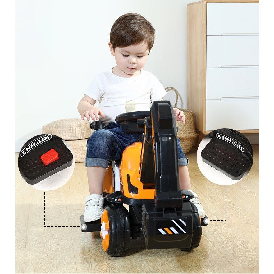 Mașinuță electrică tip excavator, braț electric cu manetă de control, spătar și bare laterale, sistem muzică și lumini, 2-7 ani, 72 x 34 x 45 cm, portocaliu