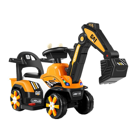 Mașinuță electrică tip excavator, braț electric cu manetă de control, spătar și bare laterale, sistem muzică și lumini, 2-7 ani, 72 x 34 x 45 cm, portocaliu
