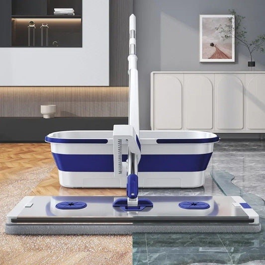 Mop Plat, selexmo, cu Galeata Pliabila, 2 Rezerve din Microfibra, 127 cm Tija Telescopica, Utilizare Umeda/Uscata, Recipient Lichid, Albastru