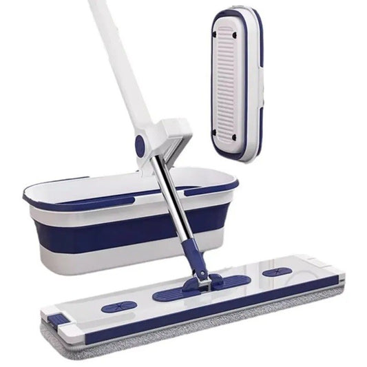 Mop Plat, selexmo, cu Galeata Pliabila, 2 Rezerve din Microfibra, 127 cm Tija Telescopica, Utilizare Umeda/Uscata, Recipient Lichid, Albastru