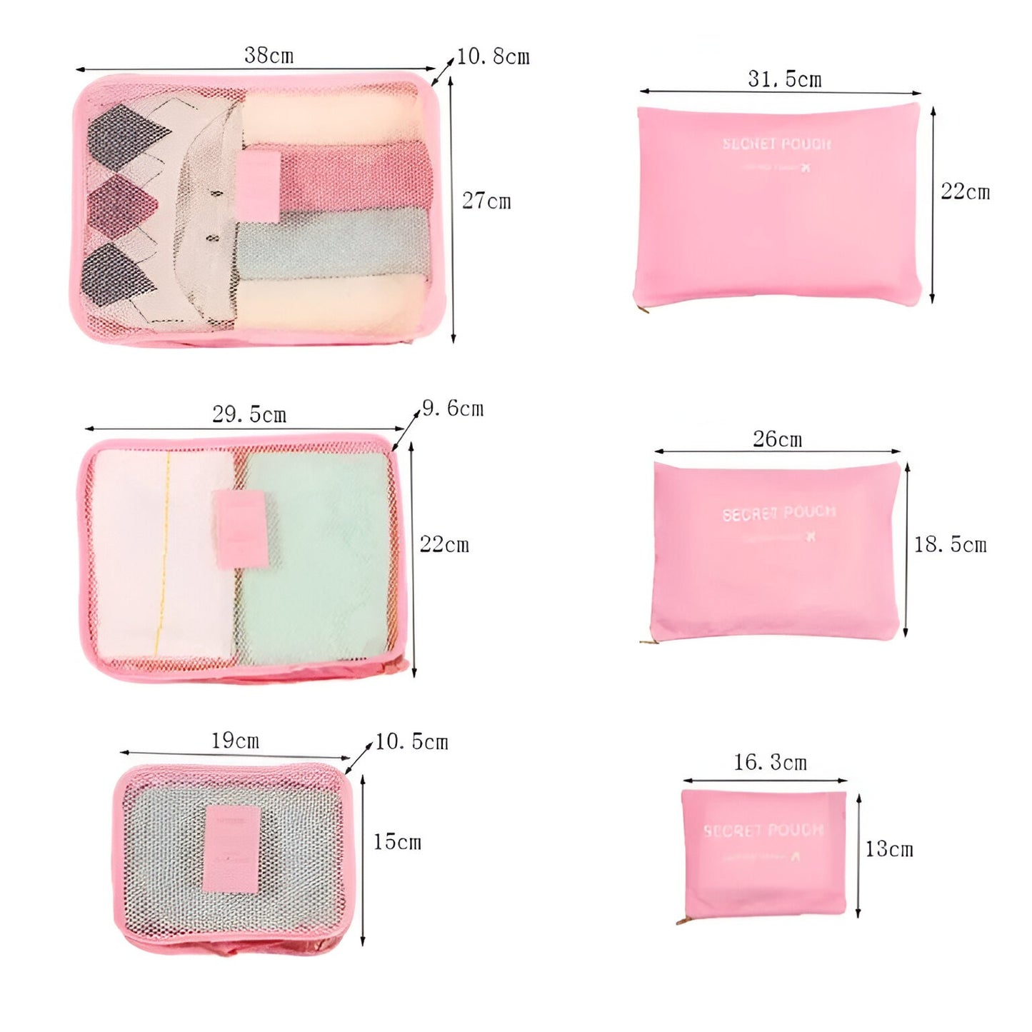 Set 6 Genți de Calatorie, selexmo, pentru Depozitare, Impermeabile, Organizator, Multifuncționale, Design cu Plasa, Pliabile, Fermoar, Dimensiuni Diferite, Roz