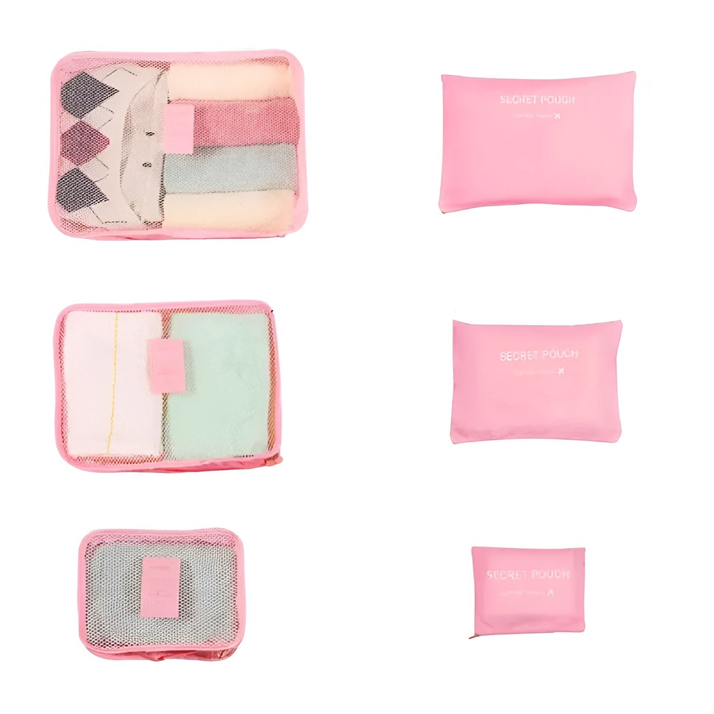 Set 6 Genți de Calatorie, selexmo, pentru Depozitare, Impermeabile, Organizator, Multifuncționale, Design cu Plasa, Pliabile, Fermoar, Dimensiuni Diferite, Roz
