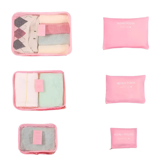 Set 6 Genți de Calatorie, selexmo, pentru Depozitare, Impermeabile, Organizator, Multifuncționale, Design cu Plasa, Pliabile, Fermoar, Dimensiuni Diferite, Roz