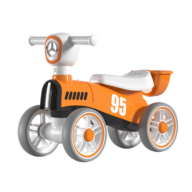 Bicicletă fără pedale pentru copii cu lumini și muzică, 4 roți, vârstă 1-3 ani, material PP, 63 x 24 x 41 cm, portocaliu.