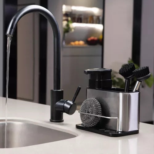 Organizator Chiuveta din Otel Inoxidabil, cu Dispenser de Sapun Lichid 300ml si Suport Burete – Practic, Elegant si Durabil