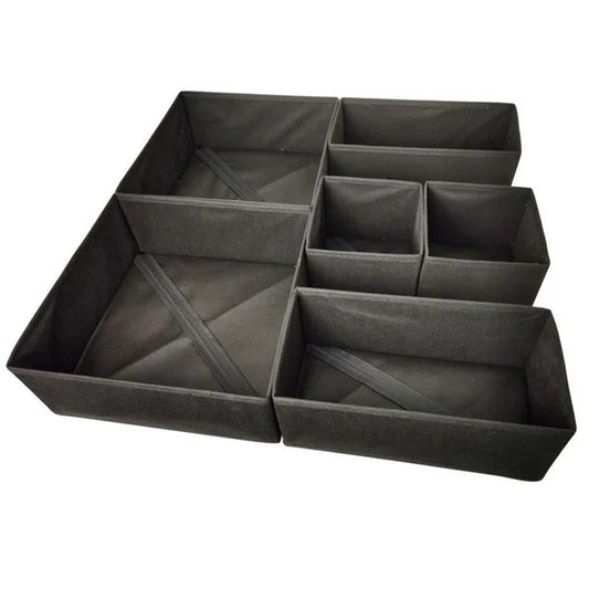Organizator pentru Sertar, selexmo, 3 Marimi, pentru Lenjerie, Tricouri, Sosete, 6 Piese, Pliabil, Stivuibil, din Tesatura, Negru
