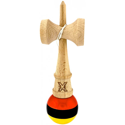 Kendama X Originala, Profesionala, Selexmo, Super, Sticky din Lemn, 18 cm, Rosu/Negru/Galben