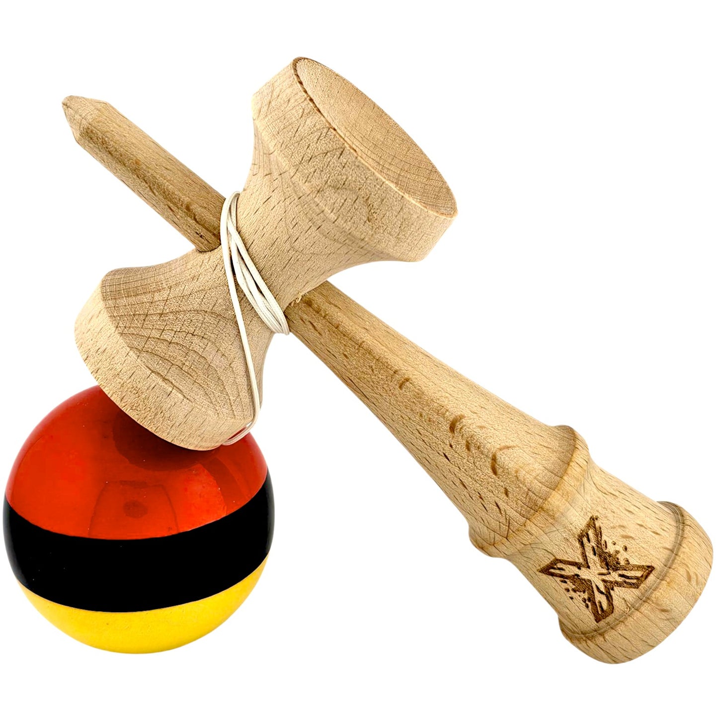 Kendama X Originala, Profesionala, Selexmo, Super, Sticky din Lemn, 18 cm, Rosu/Negru/Galben
