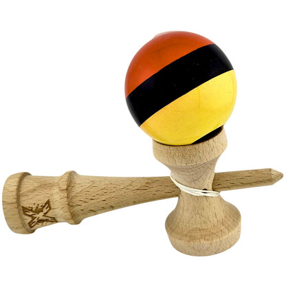 Kendama X Originala, Profesionala, Selexmo, Super, Sticky din Lemn, 18 cm, Rosu/Negru/Galben