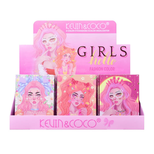 Paleta de Machiaj, KEVIN & COCO, Pink Barbie Girl, Iluminatoare, 3 culori, 11.3 x 8.2 x 1.3 cm