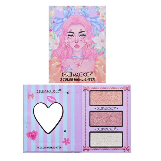 Paleta de Machiaj, KEVIN & COCO, Pink Barbie Girl, Iluminatoare, 3 culori, 11.3 x 8.2 x 1.3 cm