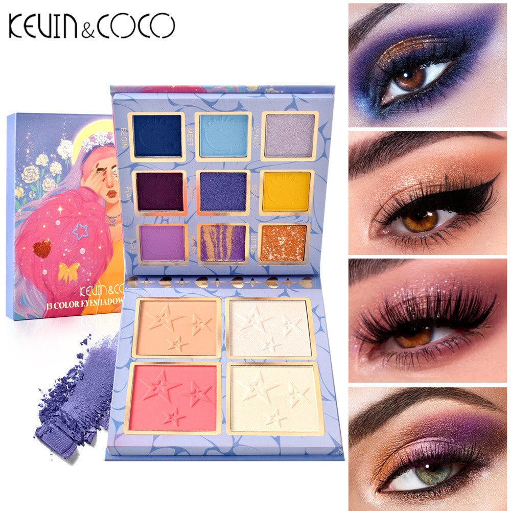 Paleta Farduri Flippy, Kevin&Coco Varianta 1, 13 culori, Iluminator si Blush Inclus, Patrata, 120 g, 10.9 x 10.9 x 1.7 cm, Valabilitate 3 Ani, Multicolor