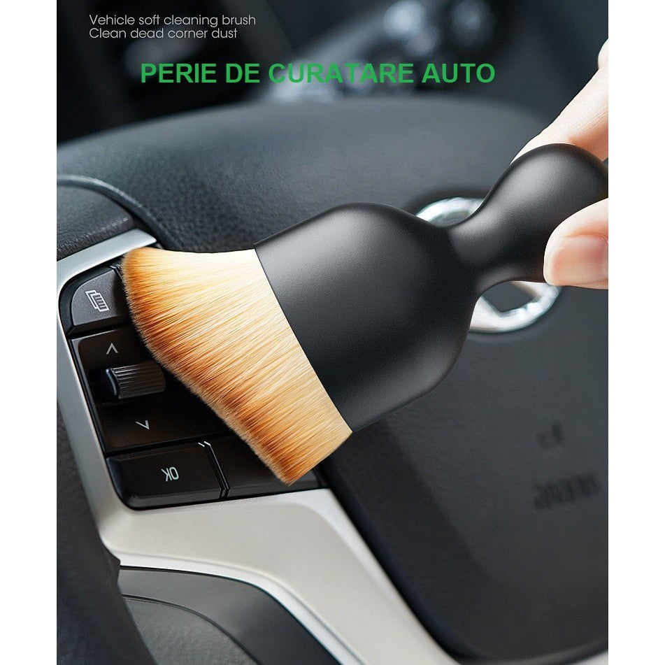 Set 2x Perii Multifuncționale pentru Curățarea Interiorului Auto, Păr Sintetic, cu Capac de Protecție, Negru