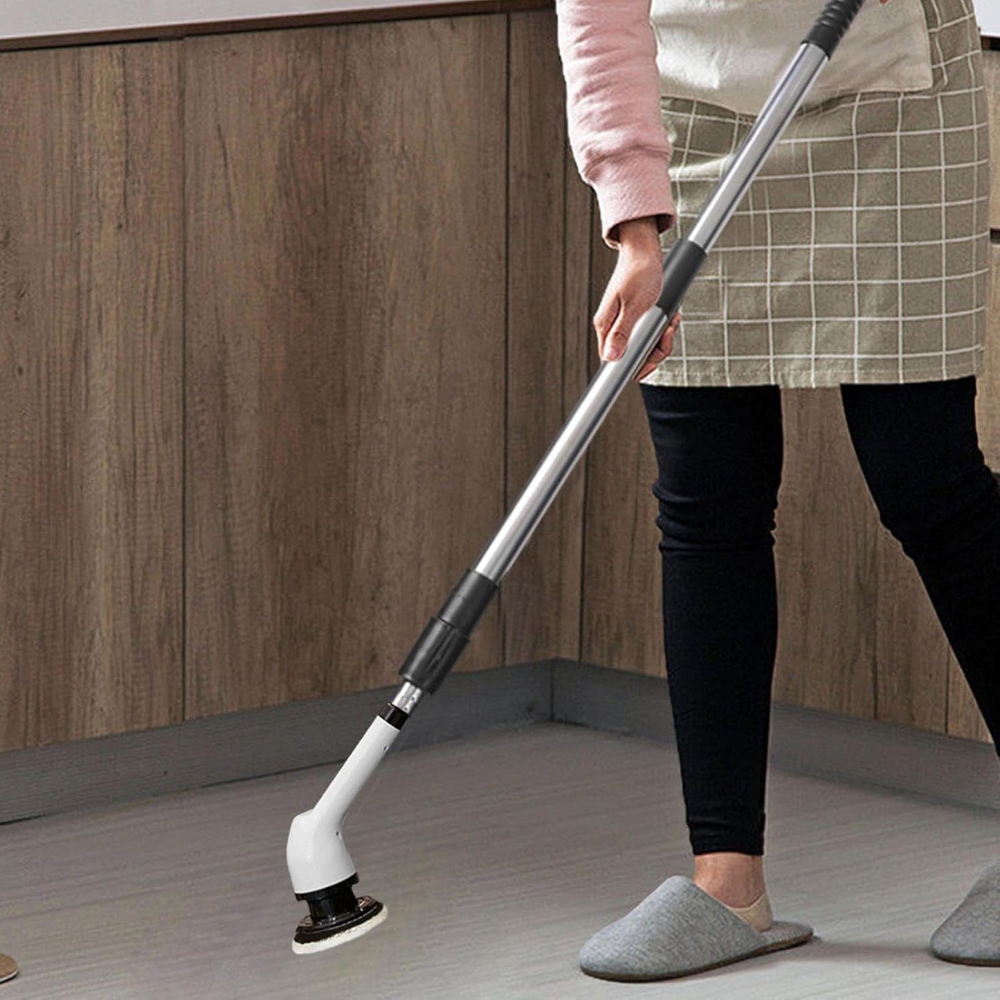 Perie Electrica de Curatare, selexmo, pentru Gresie, Baie, Bucatarie, 25x20x9.5 cm, cu 6 Capete, Maner Extensibil Detasabil 84-127cm, Incarcare USB-Type C, Rotire 360 de Grade, 3000 mAh, Culoare: Alb