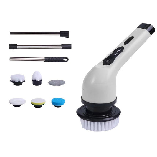 Perie Electrica de Curatare, selexmo, pentru Gresie, Baie, Bucatarie, 25x20x9.5 cm, cu 6 Capete, Maner Extensibil Detasabil 84-127cm, Incarcare USB-Type C, Rotire 360 de Grade, 3000 mAh, Culoare: Alb