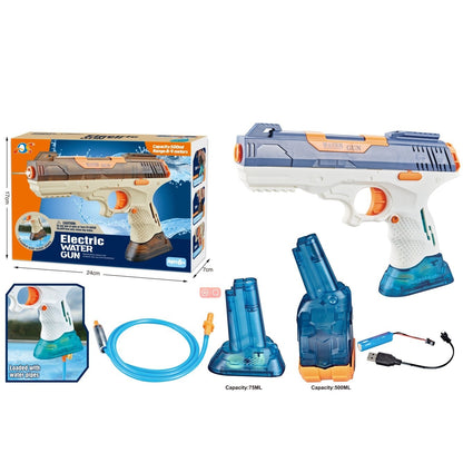 Pistol cu Apa Electric, Selexmo, 2 Rezervoare 75/350 ml, din ABS+Silicon, Baterie, Incarcare USB, Conectare la Furtun, +6 Ani, Albastru