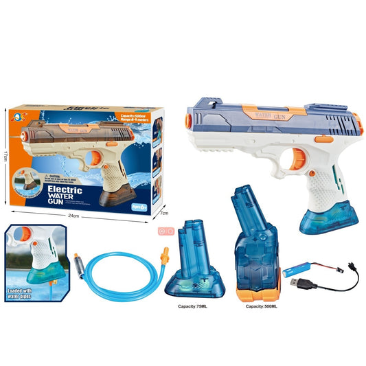 Pistol cu Apa Electric, Selexmo, 2 Rezervoare 75/350 ml, din ABS+Silicon, Baterie, Incarcare USB, Conectare la Furtun, +6 Ani, Albastru