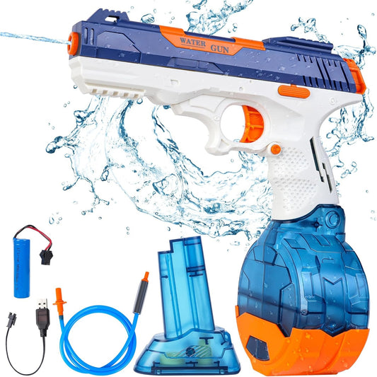 Pistol cu Apa Electric, Selexmo, 2 Rezervoare 75/350 ml, din ABS+Silicon, Baterie, Incarcare USB, Conectare la Furtun, +6 Ani, Albastru