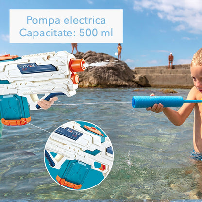 Pistol cu Apa pentru Copii 14+ ani, Selexmo, Rezervor 600ml, cu baterie 1200mAh, Electric Burst, Alb/Albastru