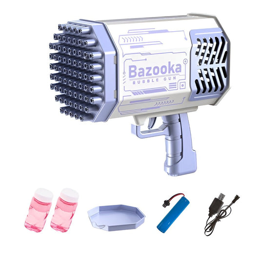 Pistol de Facut Baloane Bubble Gun, tip Bazooka, automat, Lumini Colorate, Tavita, Lichid, Baterie de Li, Cablu de Incarcare