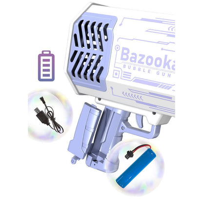 Pistol de Facut Baloane Bubble Gun, tip Bazooka, automat, Lumini Colorate, Tavita, Lichid, Baterie de Li, Cablu de Incarcare