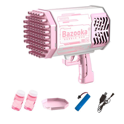 Pistol de Facut Baloane Bubble Gun, tip Bazooka, automat, Lumini Colorate, Tavita, Lichid, Baterie de Li, Cablu de Incarcare